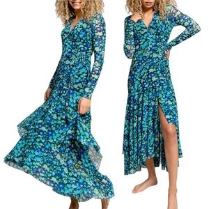 GANNI Floral Print Stretch Mesh Long Sleeve Maxi Wrap Dress